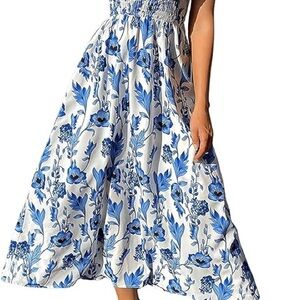 Floral Blue and White Maxi bow strap Dress